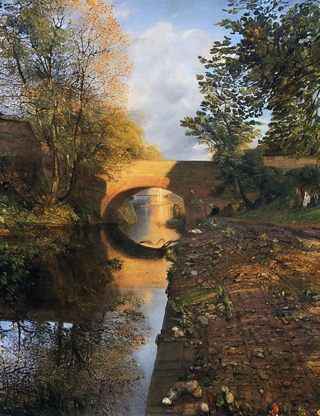 Stone bridge over calm river with autumn trees and brick pathway at sunset