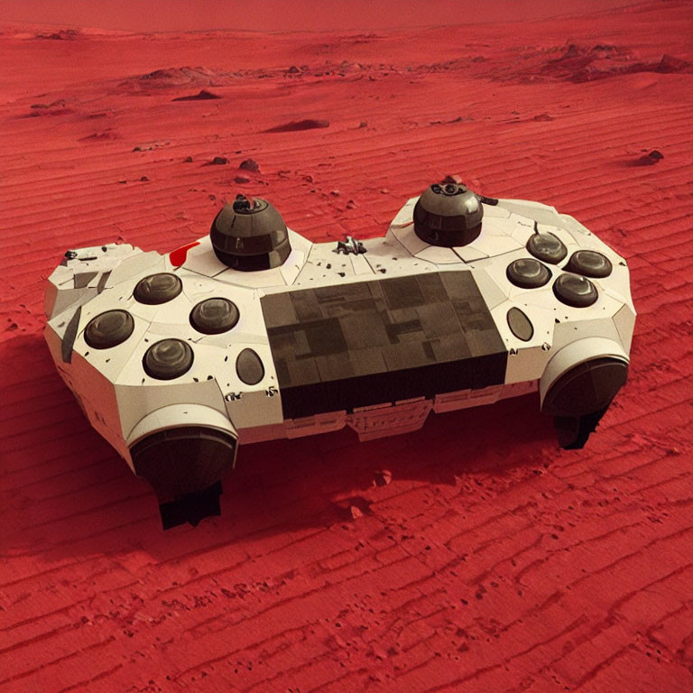 Futuristic white spacecraft on red Mars-like terrain