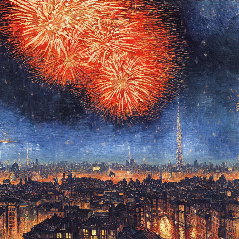Colorful fireworks light up city skyline at night