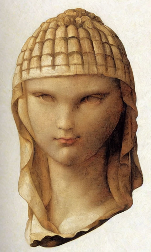 Classical artwork close-up: serene woman in helmet and veil