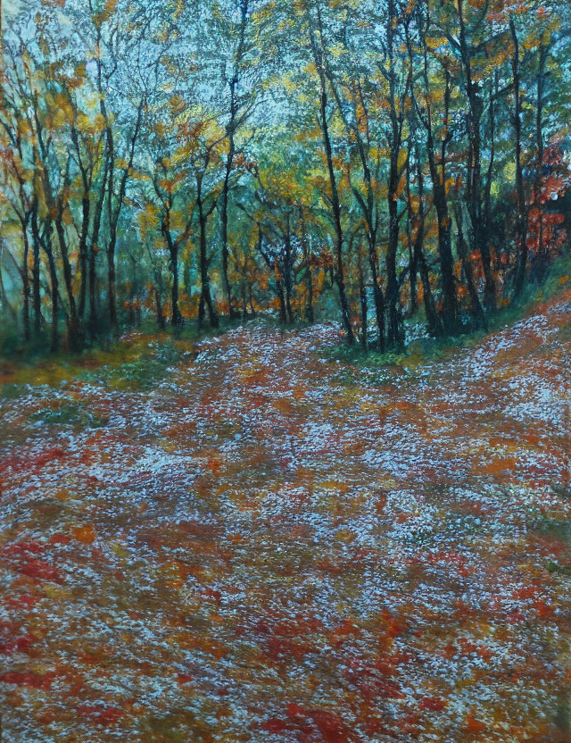 Colorful Autumn Forest Painting with Fallen Leaves and Yellow/Orange Trees