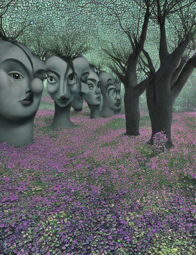 Surreal landscape featuring giant multi-faced statues, purple flowers, leafless trees, and hazy