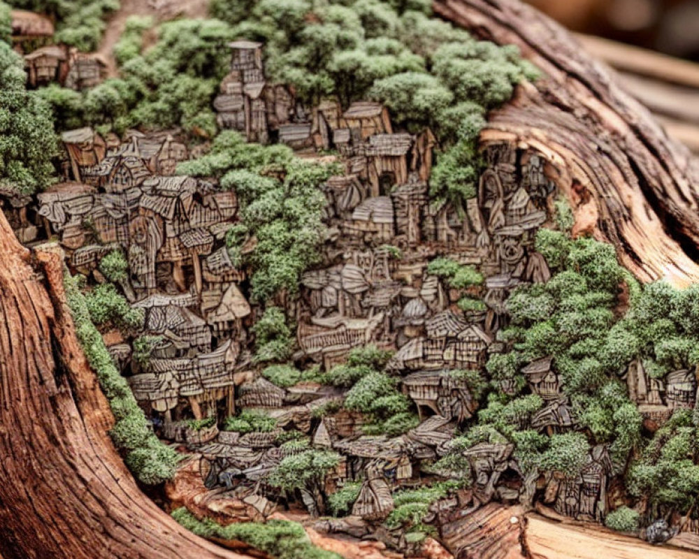 Miniature Fantasy Village Inside Hollow Tree Trunk