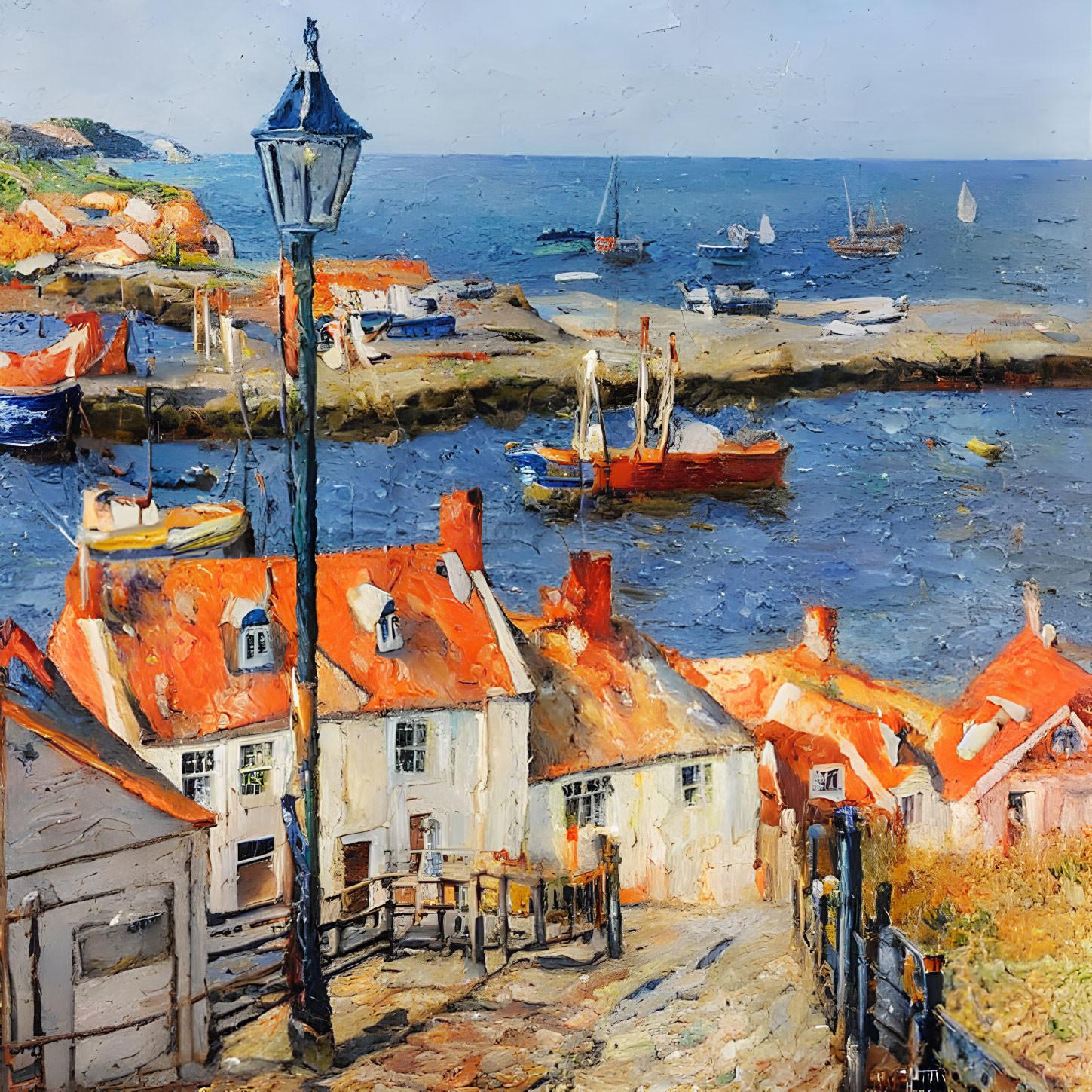 Colorful Coastal Village Painting with Orange-Roofed Houses & Boats