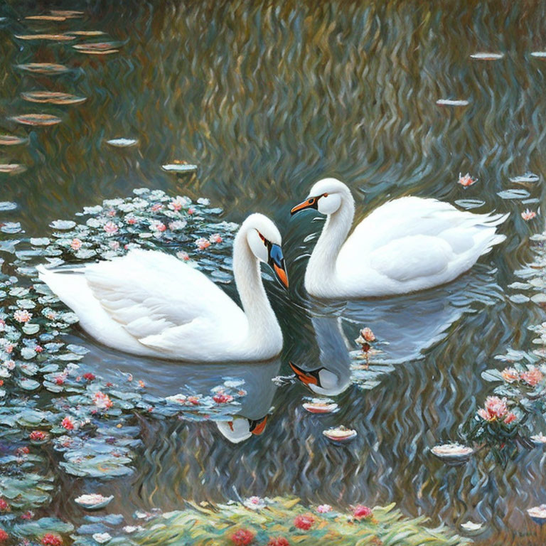 Swans forming heart shape on tranquil pond with pink and white flowers