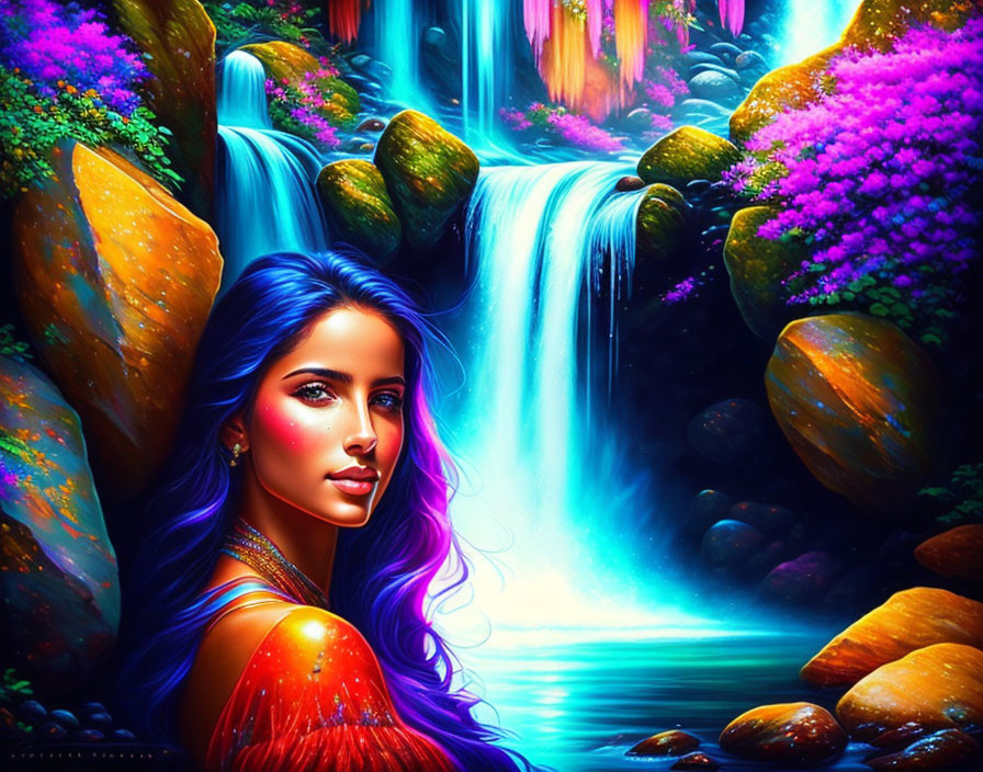 Colorful illustration: Woman with blue hair in surreal forest with waterfalls