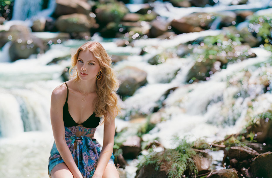 Woman in Blue Dress Poses by Sunlit Waterfall