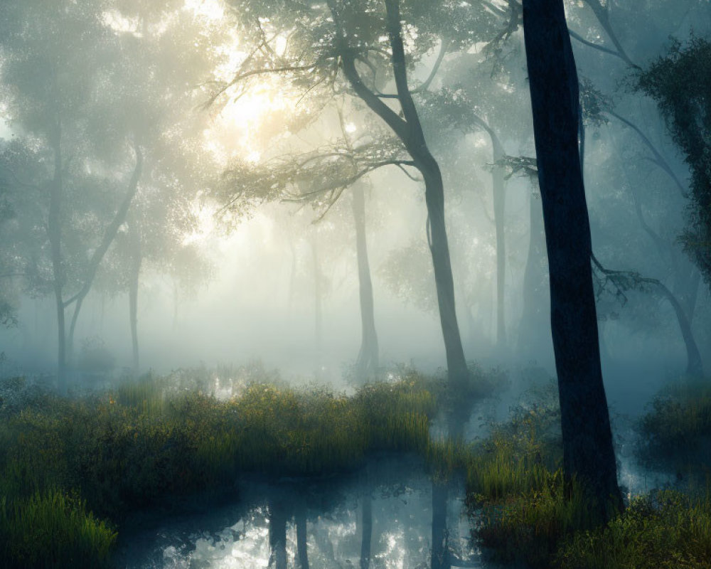 Tranquil Forest Scene with Sunlight, Mist, Trees, and Water Reflections