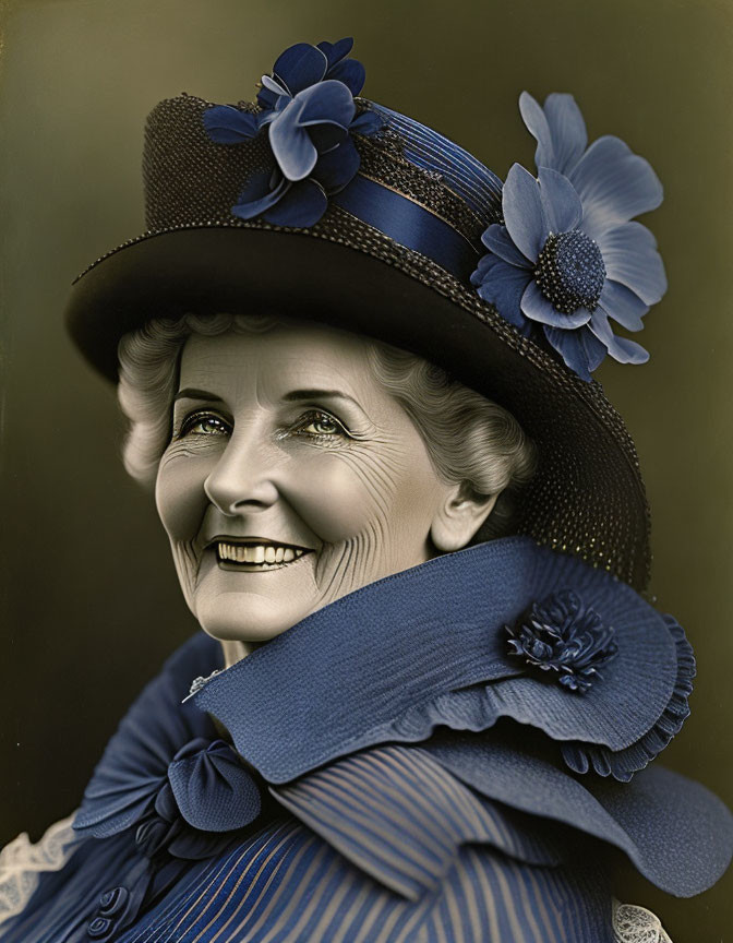 Vintage Portrait of Smiling Woman in Blue Outfit with Floral Hat