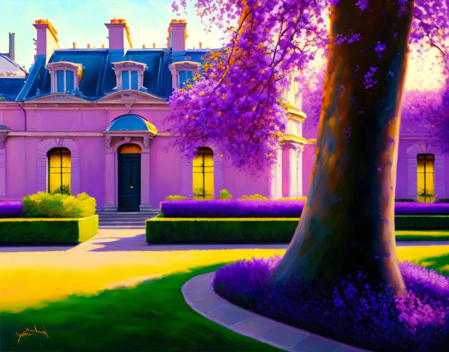 Classical mansion with purple facade in lush garden scenery