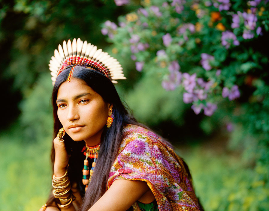 Woman in traditional attire with feathered headdress and beaded jewelry against floral backdrop