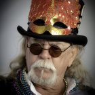 Elderly man in Mardi Gras hat with festive and wise aura