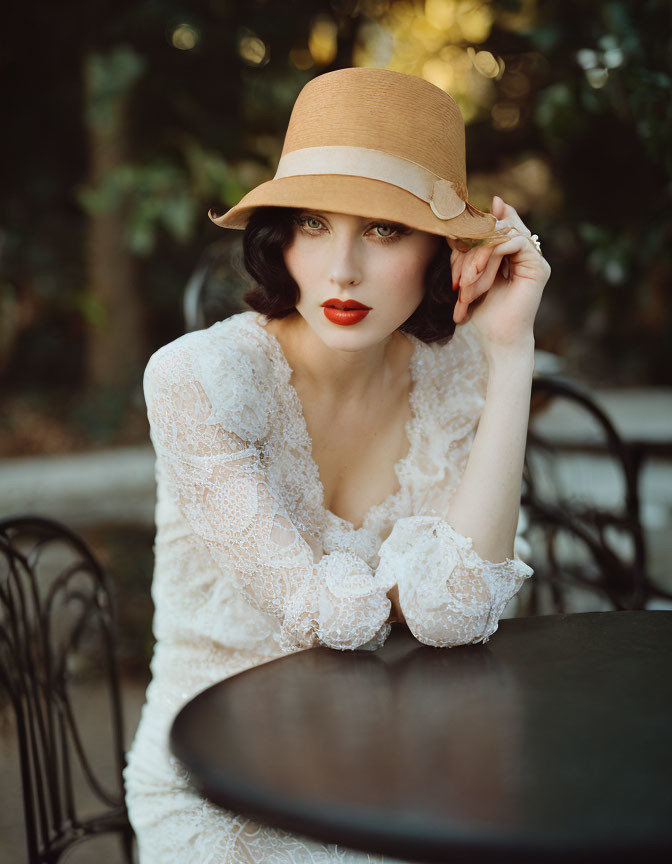 Vintage woman in lace dress and tan hat sitting at table, gazing at camera