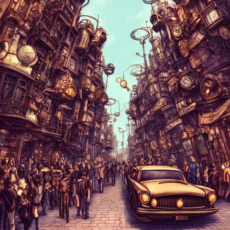 Steampunk cityscape with vintage cars and towering buildings