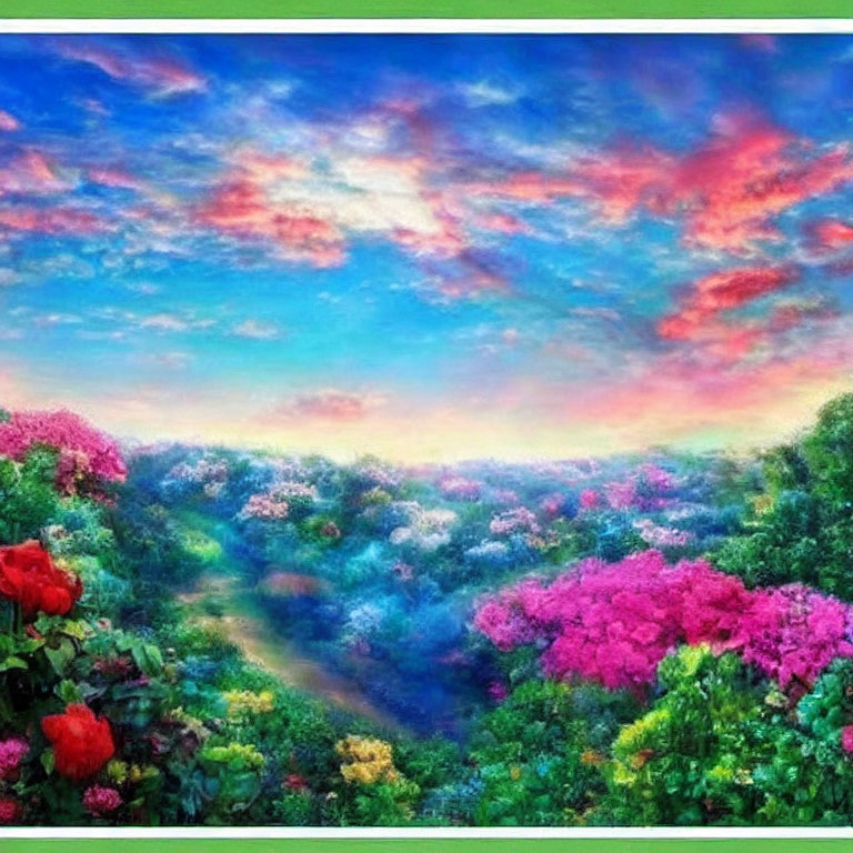 Colorful painting of lush garden and dramatic sky.