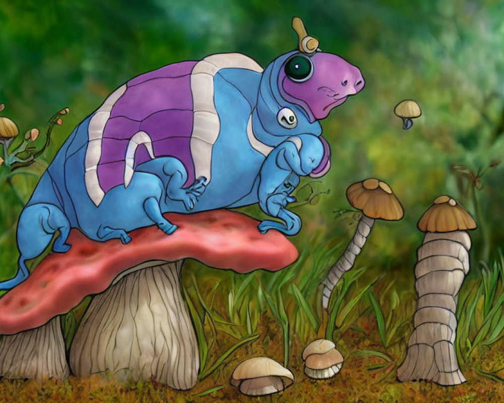 Blue and Purple Chameleon with Small Companion on Red Mushroom