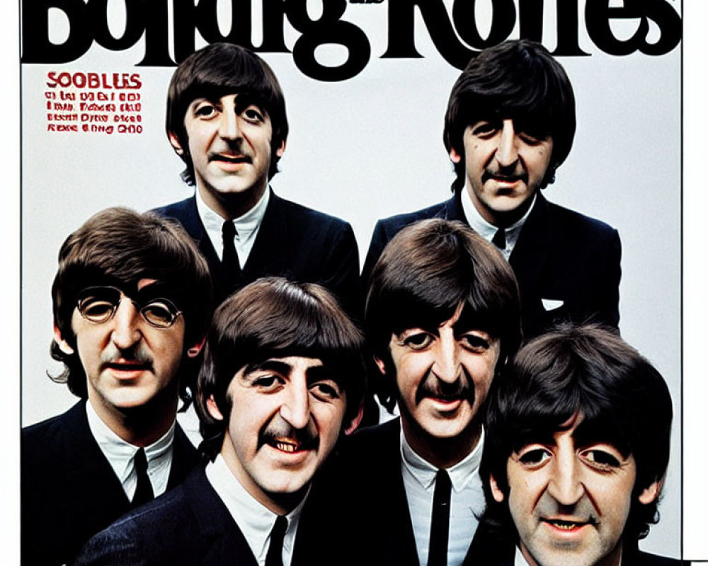 Magazine cover with four men in black suits and unique hairstyles smiling, parodying a famous band.