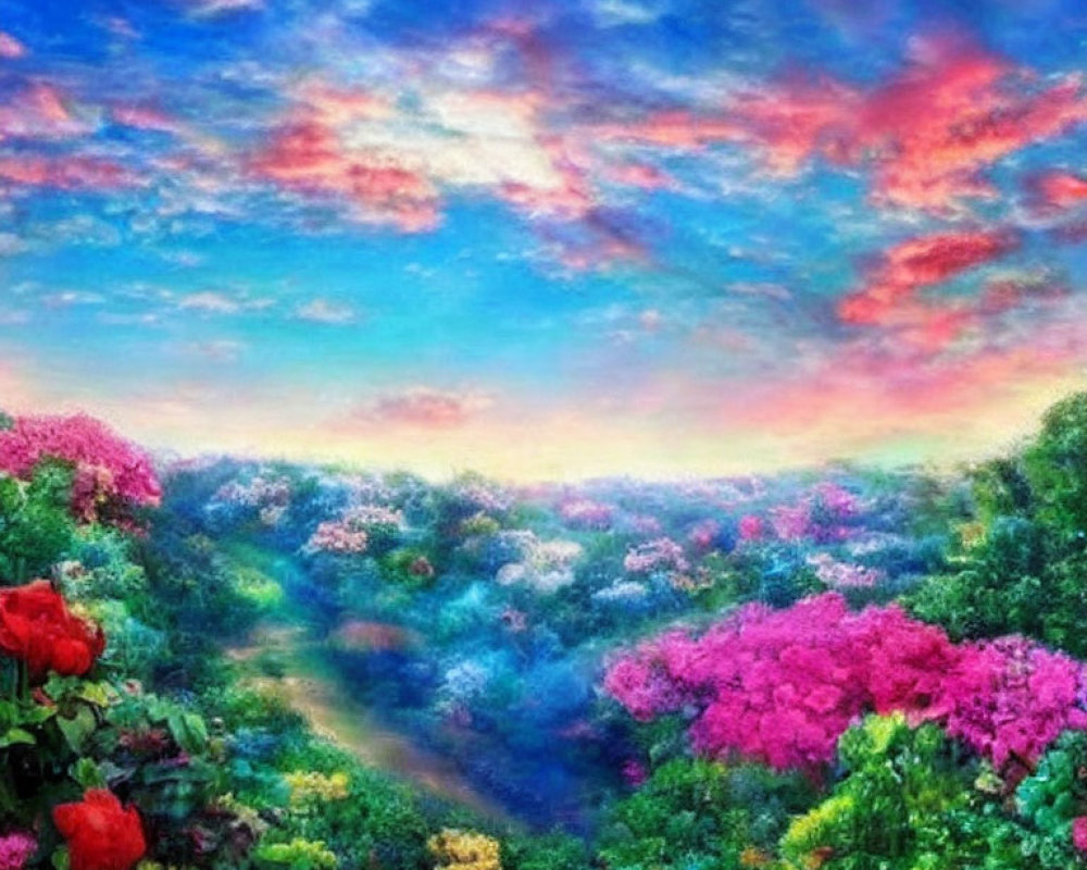 Colorful painting of lush garden and dramatic sky.