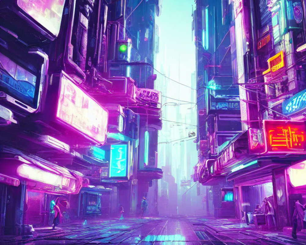Neon-Lit Cyberpunk City Alley with Skyscrapers