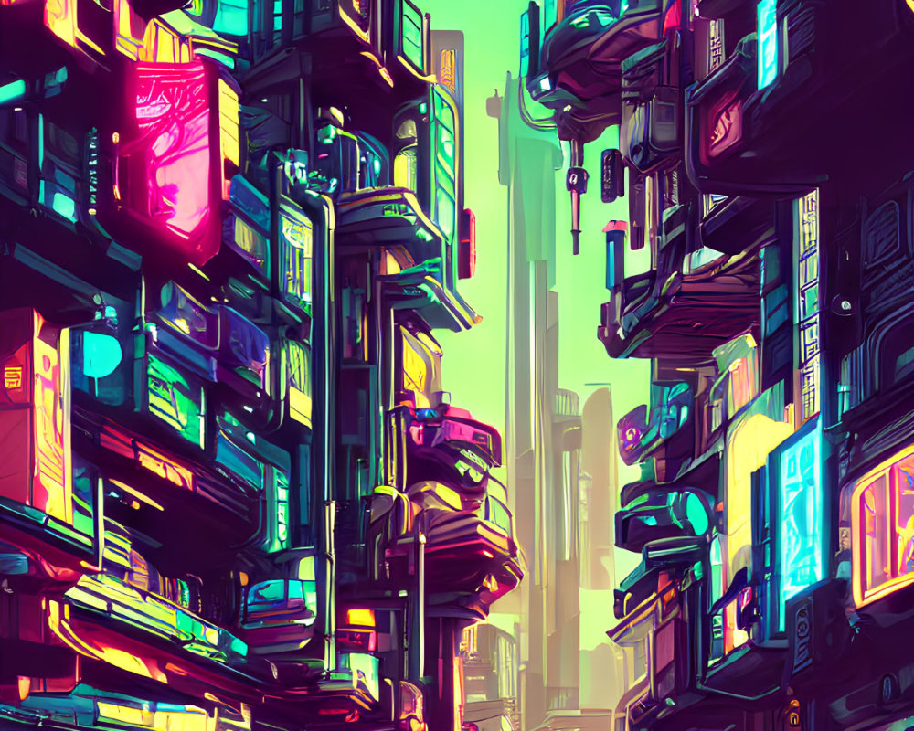 Colorful Cyberpunk Cityscape with Neon Signs and Pedestrians