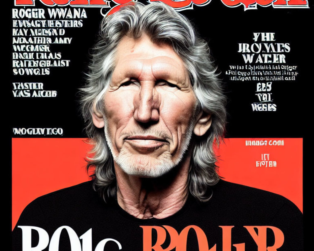 Man with Long Grey Hair in Black Shirt Against Bold Red and White Magazine Cover