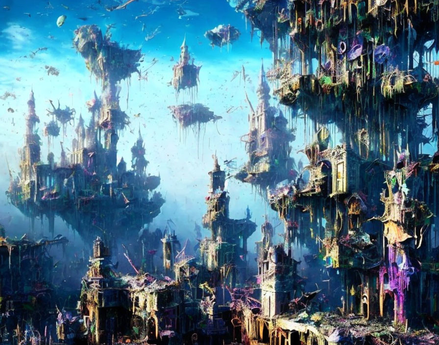 Floating City with Diverse Structures and Hanging Gardens under Blue Sky