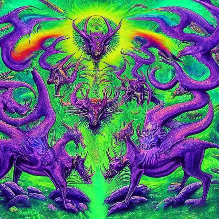 Colorful psychedelic artwork: Purple dragons in intricate designs on green background