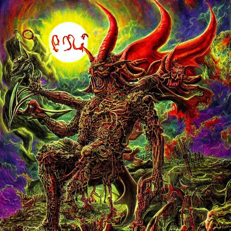 Colorful Fantasy Artwork: Skeletal Demon with Horns in Hellish Landscape