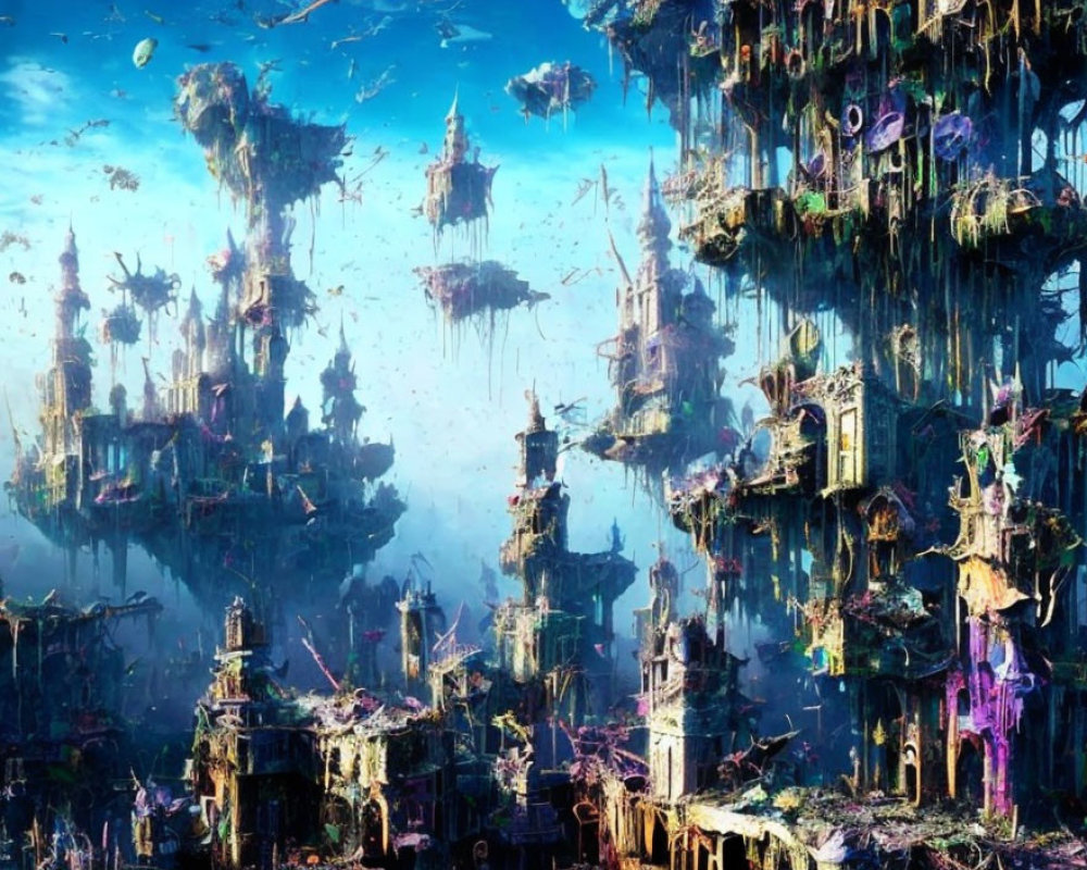 Floating City with Diverse Structures and Hanging Gardens under Blue Sky