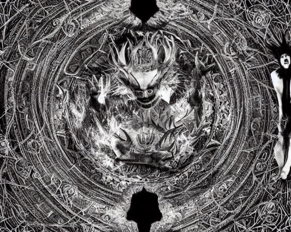 Symmetrical monochrome artwork with dragon-like creature and ornate patterns