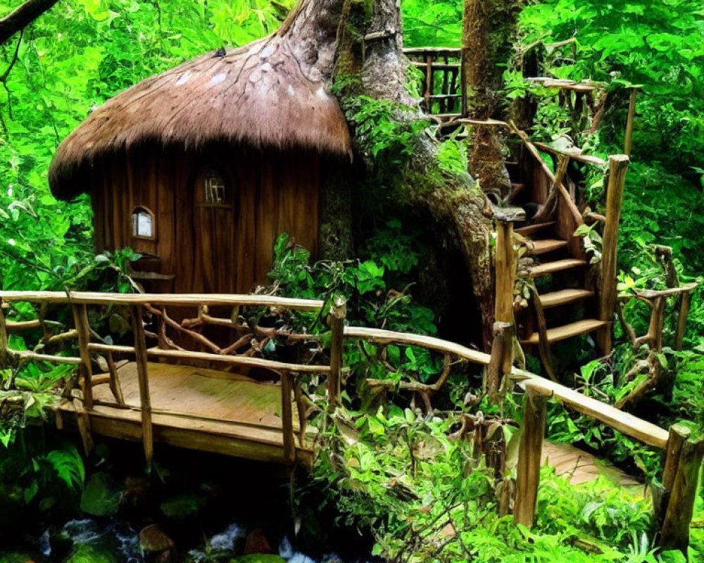 Wooden treehouse with thatched roof nestled in lush green foliage