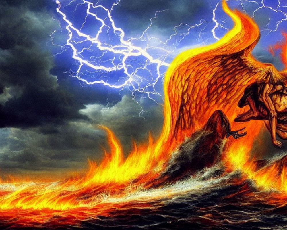 Winged creature engulfed in flames in fiery environment