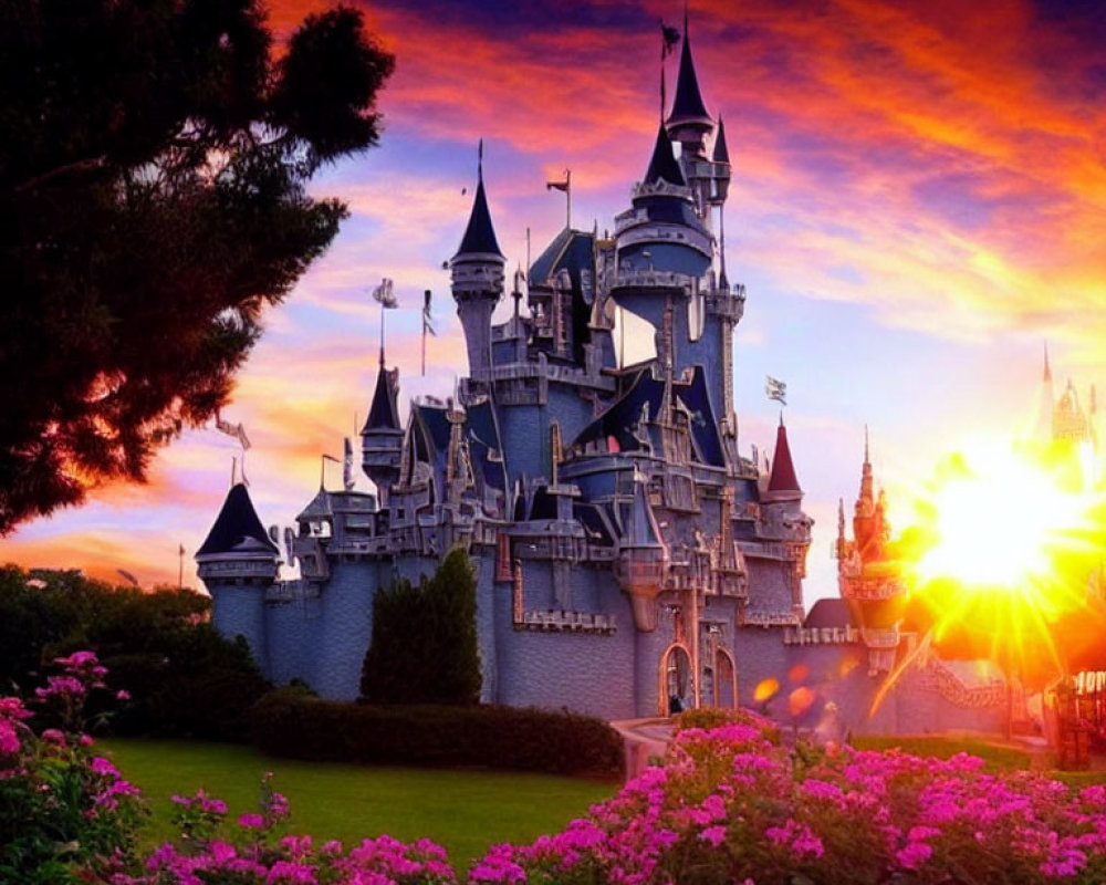 Fairytale castle surrounded by blooming flowers at sunset