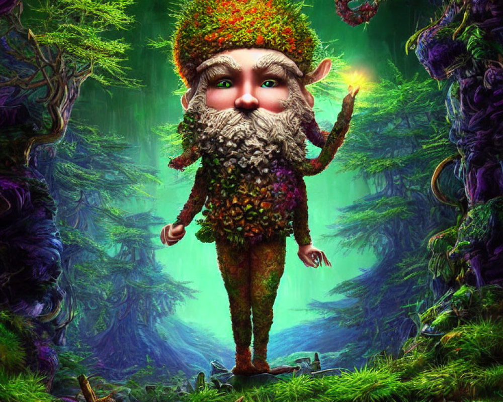 Illustrated gnome with mossy beard in enchanted forest.