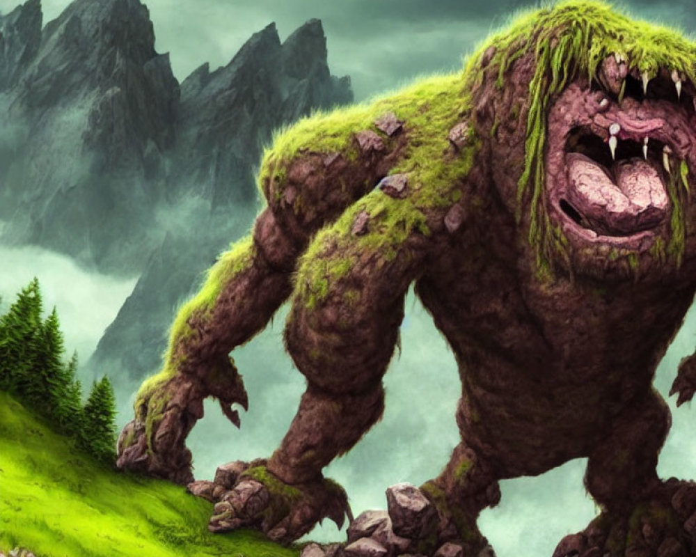 Giant moss-covered creature in mountain landscape with trees on its back