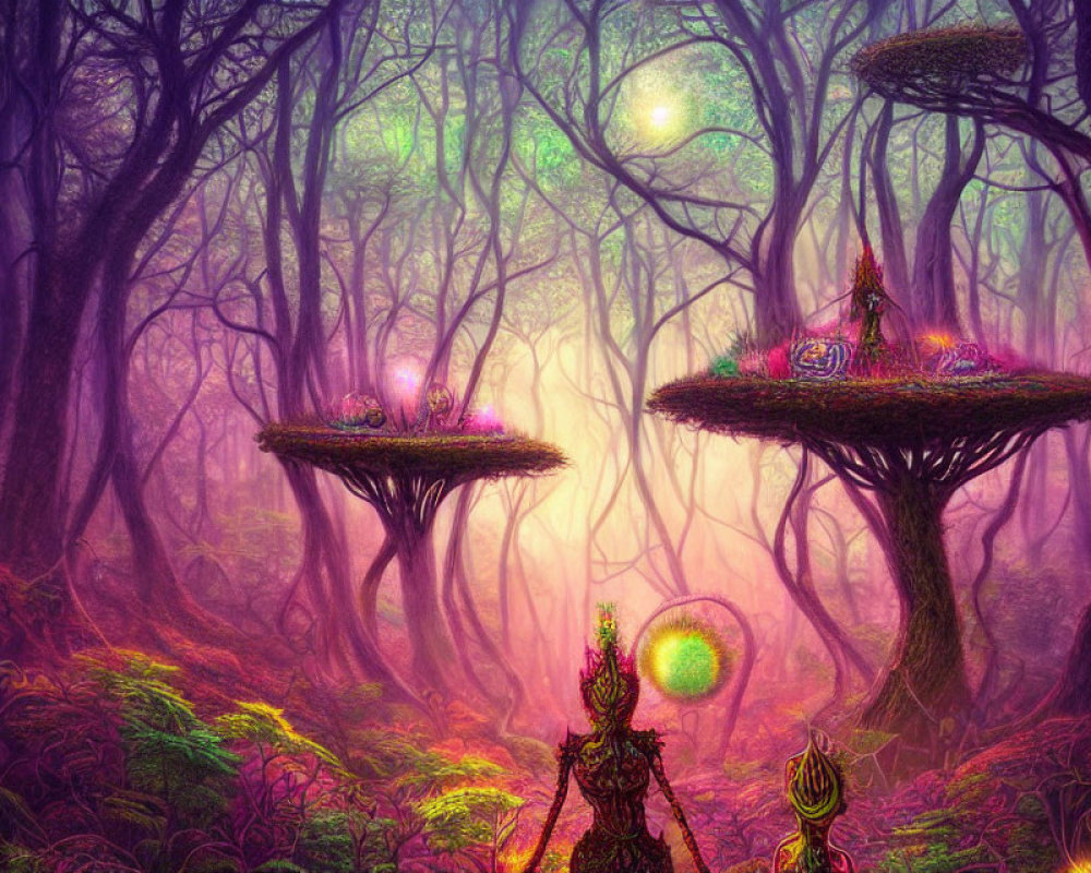 Enchanting forest with glowing orbs, floating islands, vibrant purples and pinks