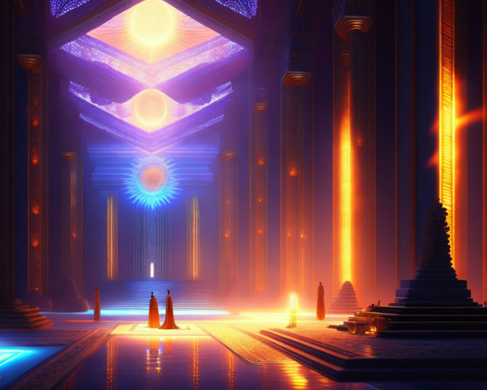 Futuristic temple with glowing blue floors and orange pillars