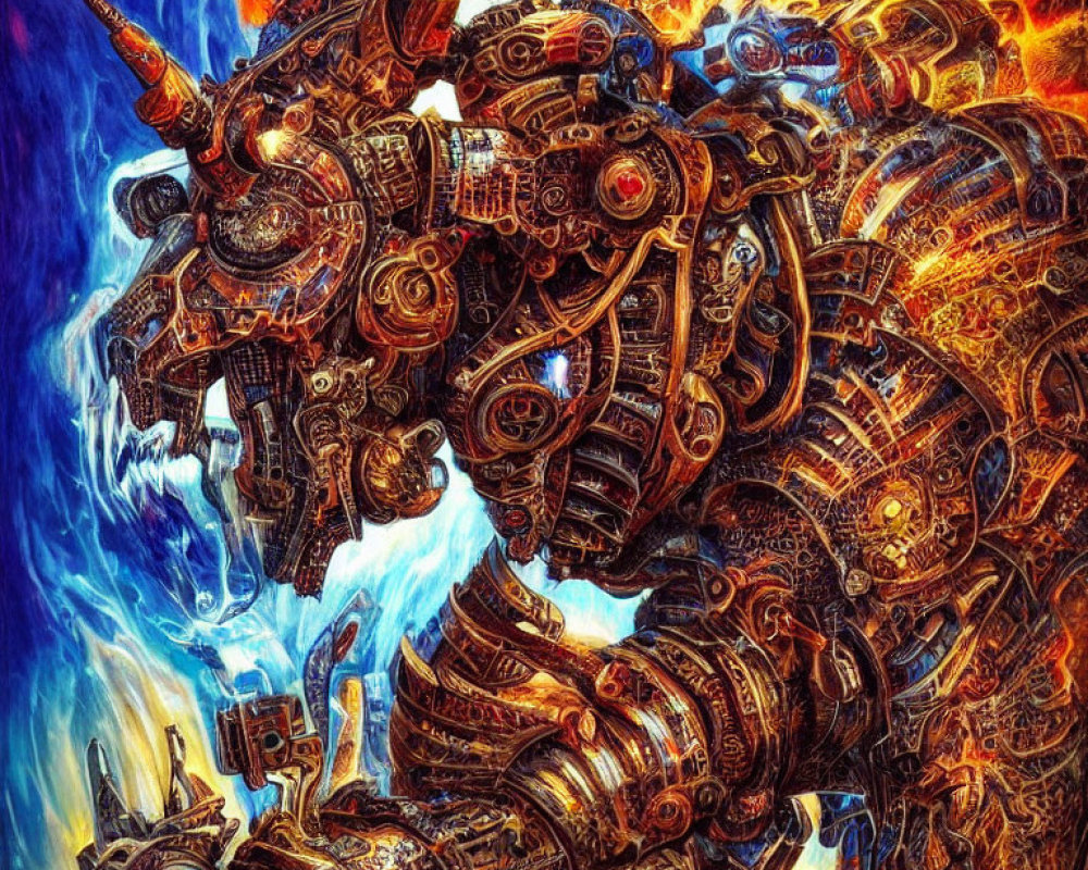 Dynamic mechanized creature with intricate gears in vibrant colors
