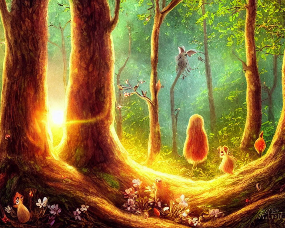 Enchanted sunset forest with whimsical creatures and glowing light