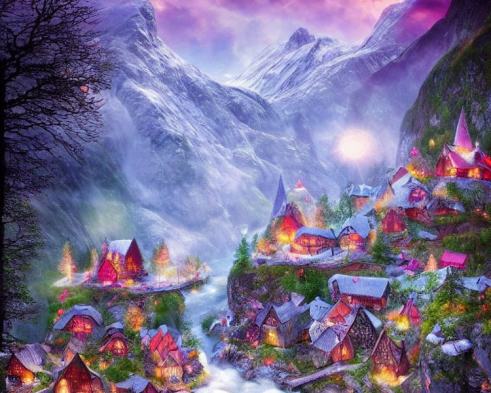 Vibrant illuminated village in misty valley with snow-capped mountains