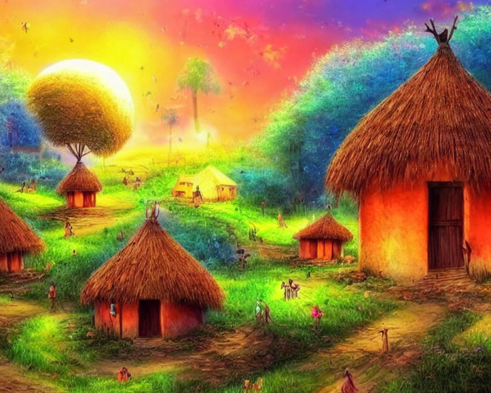 Fantastical village with glowing tree and colorful sky