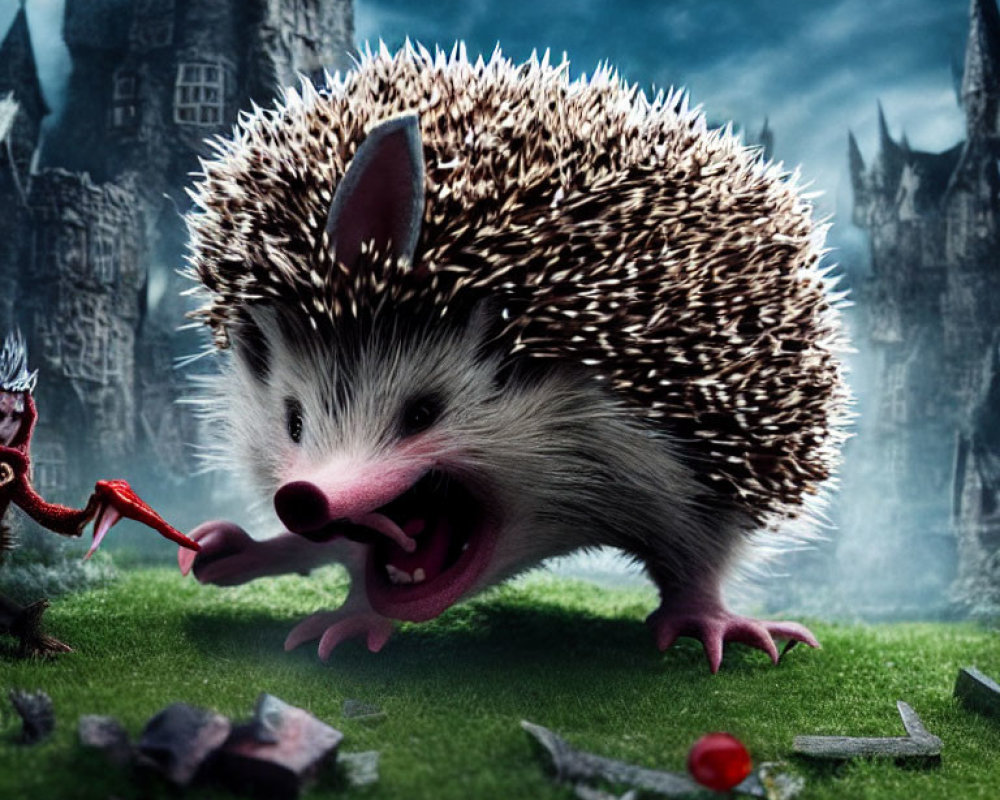 Exaggerated mouth hedgehog on grass with tiny cart by fantasy castle