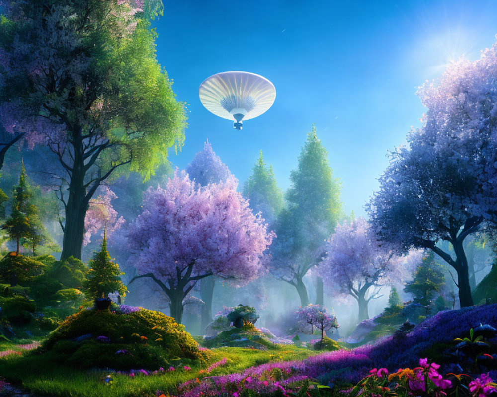 Tranquil landscape with vibrant flowering trees and hot air balloon