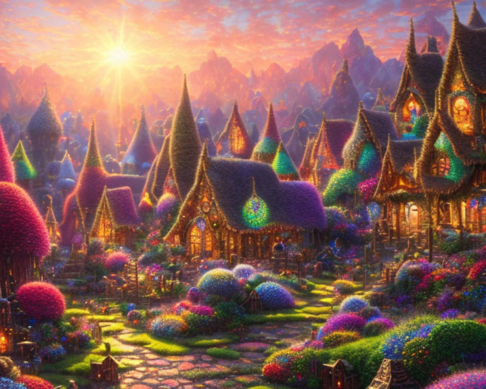 Colorful Thatched-Roof Cottages in Fairytale Village at Sunset