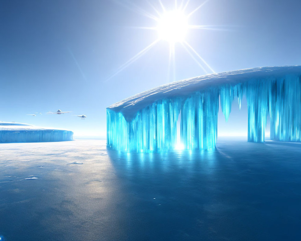 Sunlit Polar Landscape with Blue Ice Cave and Birds Flying
