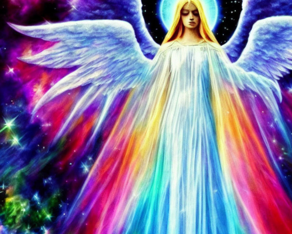 Colorful angel with halo in cosmic setting