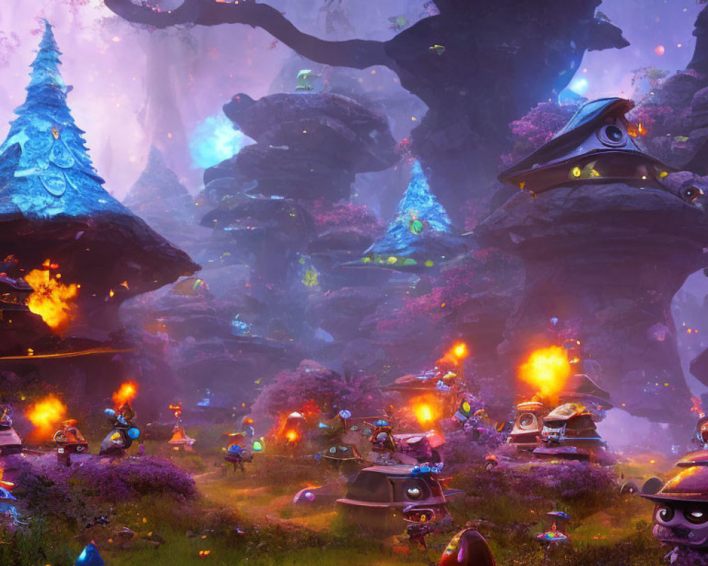 Fantastical landscape with glowing trees and whimsical robots