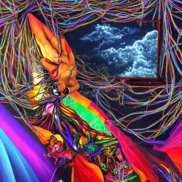 Colorful surreal artwork: Giant hand, chaotic cords, cloudy skies, and vivid figures