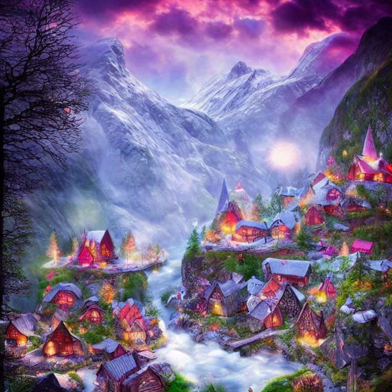 Vibrant illuminated village in misty valley with snow-capped mountains