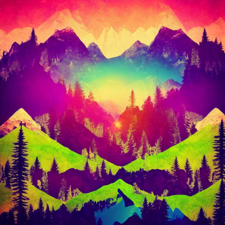 Colorful Mountain Landscape Reflection with Silhouetted Trees